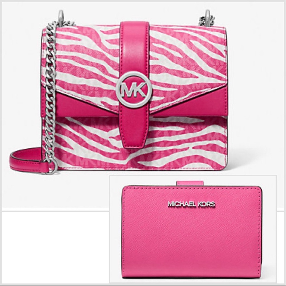 Michael Kors Pink Crossbody Bag with Matching Wallet Pink Zebra Chain Strap NWT